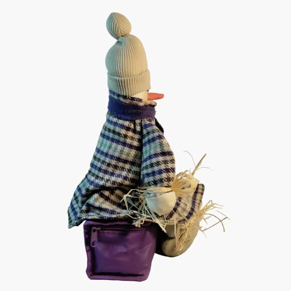 Snowman Doll Purple Plaid Coat Scarf Hat Shelf Sitter Handmade Fabric - Picture 7 of 9